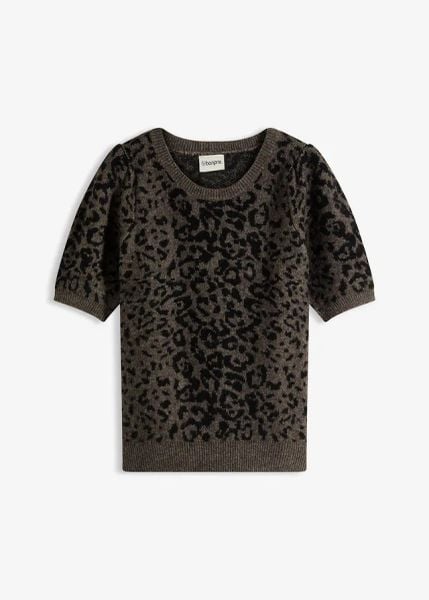 Sweter z rękawami balonowymi. Brązowe swetry damskie bonprix, bez wzorów, bez kołnierzyka, bez ramiączek, bez kaptura. Za 112.99 zł.