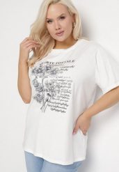 Biały T-shirt z Bawełny z Metalicznym Nadrukiem Olianea. Białe bluzki damskie Born2be, xl, bez wzorów, z bawełny, klasyczne, bez kołnierzyka. Za 39.99 zł.
