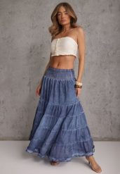 Niebieska Kaskadowa Bawełniana Spódnica High Waist Stylizowana na Denimową Ealnas. Niebieskie spódnice damskie Renee, m, bez wzorów, z bawełny, casualowe, z podwyższonym stanem, maxi, dopasowane. Za 99.99 zł.