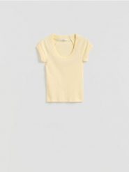 T-shirt slim fit - jasnożółty. Żółte t-shirty damskie Reserved, l, bez wzorów, z bawełny, bez kołnierzyka. Za 35.99 zł.