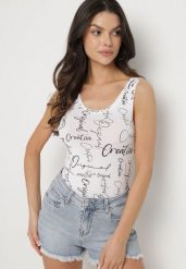 Biały Top z Bawełny z Napisami Savanette. Białe bluzki damskie Born2be, l, bez wzorów, z bawełny, bez kołnierzyka, bez ramiączek. Za 29.99 zł.