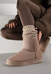 Ciemnobeżowe Śniegowce z Przeszyciami po Bokach Retena. Brązowe śniegowce i trapery damskie Renee, z jeansu. Za 79.99 zł.