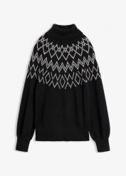 Sweter w norweski wzór. Czarne swetry damskie bonprix, bez wzorów, bez kołnierzyka, bez ramiączek, bez kaptura. Za 129.99 zł.