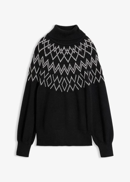 Sweter w norweski wzór. Czarne swetry damskie bonprix, bez wzorów, bez kołnierzyka, bez ramiączek, bez kaptura. Za 129.99 zł.