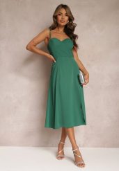 Zielona Rozkloszowana Sukienka Midi z Rozcięciem na Ramiączkach Josine. Zielone sukienki damskie Renee, l, bez wzorów, eleganckie, bez kołnierzyka, bez ramiączek, midi, rozkloszowane. Za 74.99 zł.