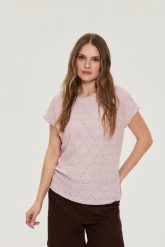 Ażurowa bluzka różowa. Czerwone bluzki damskie MOODO, l, w ażurowe wzory, z elastanu, bez kołnierzyka, bez ramiączek. Za 69.99 zł.