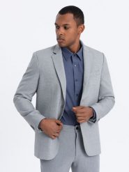 Marynarka męska elegancka z dekoracyjnymi guzikami na mankietach - szara V2 OM-BLZB-0114 - L. Szare marynarki męskie Ombre Clothing, bez wzorów, z poliesteru, eleganckie. W wyprzedaży za 149.99 zł.