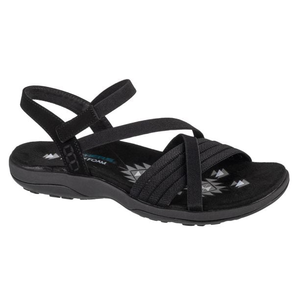 Sandały damskie, Reggae Slim - Summer Heat Sandals. Czarne sandały damskie Skechers, bez wzorów, bez obcasa, bez zapięcia. Za 249.99 zł.