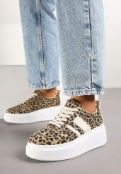 Panterkowe Sneakersy Kultowe Tenisówki na Platformie z Koturnem Elisara. Obuwie sportowe damskie Born2be, bez wzorów, z jeansu, klasyczne, bez zapięcia. Za 79.99 zł.