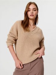 Sweter w prążki - beżowy. Brązowe swetry damskie Sinsay, l, bez wzorów, z dzianiny, bez kołnierzyka, bez ramiączek, bez kaptura. Za 69.99 zł.
