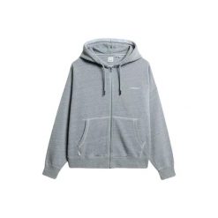 Damska bluza z kapturem na zamek z barwionego materiału Superdry Logo Essential. Niebieskie bluzy damskie Superdry., bez wzorów, bez kołnierzyka, bez ramiączek. Za 377.45 zł.