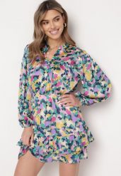 Fioletowo-Zielona Rozkloszowana Sukienka Mini z Gumką w Pasie Ozdobiona Kleksami Viorella. Fioletowe sukienki damskie Born2be, na co dzień, l, bez wzorów, z materiału, eleganckie, bez kołnierzyka, bez ramiączek, mini, rozkloszowane. Za 84.99 zł.