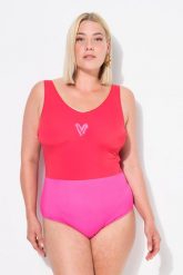 Damski Strój kąpielowy błyszczący brzeg dekolt w serek bez miękkich miseczek. Czerwone kostiumy jednoczęściowe damskie Ulla Popken, plus size, bez wzorów, z elastanu, sportowe, plus size, do pływania. Za 199.99 zł.