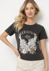 Czarny T-shirt z Bawełny z Nadrukiem Erenova. Czarne bluzki damskie Born2be, l, bez wzorów, z bawełny, klasyczne, bez kołnierzyka, bez ramiączek. Za 39.99 zł.