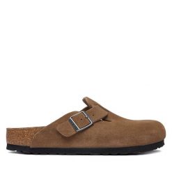 Klapki Birkenstock. Brązowe klapki damskie Birkenstock, bez wzorów, bez obcasa. Za 694.99 zł.
