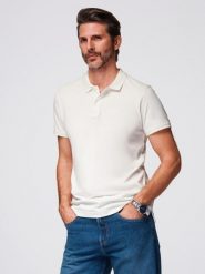 Polo koszulka z bawełnianej dzianiny pique – ecru V7 - Rozmiar: XXL. Koszulki polo męskie Ombre Clothing, m, bez wzorów, z bawełny, eleganckie, bez ramiączek. W wyprzedaży za 59.99 zł.