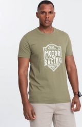 Ombre T-shirt męski z nadrukiem w stylu motocyklowym oliwkowy V2 OM-TSPT-0125 M. Zielone t-shirty męskie Ombre, m, bez wzorów, bez kołnierzyka. Za 49.99 zł.