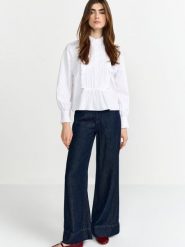 Rich & Royal Bluzka damska z falbanką Kobiety Bawełna biały jednolity, 36. Białe bluzki damskie Rich & Royal, bez wzorów, z bawełny, eleganckie, bez kołnierzyka, bez ramiączek. Za 629.95 zł.