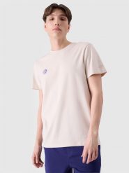 4F T-shirt regular z nadrukiem męski - beżowy XL. Brązowe koszulki sportowe męskie 4f, m, bez wzorów, z bawełny, klasyczne, bez kołnierzyka. Za 39.99 zł.