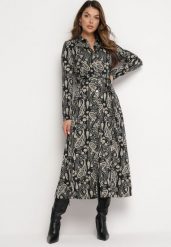 Czarna Koszulowa Sukienka Maxi z Wiązanym Paskiem i Wzorem Paisley Biurtte. Czarne sukienki damskie Born2be, m, bez wzorów, z materiału, bez kołnierzyka, bez ramiączek, maxi, koszulowe. Za 169.99 zł.