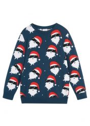 Sweter chłopięcy z bożonarodzeniowym motywem. Niebieskie swetry dla chłopców bonprix, z aplikacjami, bez kołnierzyka, bez kaptura. Za 84.99 zł.
