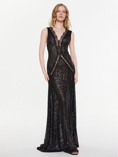 Elisabetta Franchi Sukienka wieczorowa AB-366-32E2-V740 Czarny Regular Fit. Czarne sukienki damskie Elisabetta Franchi, bez wzorów, z syntetyku, wizytowe, bez kołnierzyka, bez ramiączek. Za 2,279.00 zł.