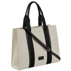 Modna shopperka damska w czarno-beżowym kolorze z regulowanym paskiem Peterson PTN CAN-04. Brązowe torebki do ręki damskie Peterson, bez wzorów, z poliamidu, eleganckie, bez dodatków. Za 136.99 zł.