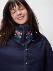 Jeansowa koszula z szalem - granatowy. Niebieskie koszule damskie Reserved, l, bez wzorów, z bawełny, bez kołnierzyka, bez ramiączek. Za 179.99 zł.