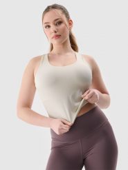 4F Top treningowy z niskim wsparciem damski - beżowy XL. Brązowe koszulki sportowe damskie 4f, xl, bez wzorów, z dzianiny, bez kołnierzyka, bez ramiączek, na fitness i siłownię. W wyprzedaży za 49.99 zł.