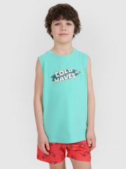 4F Tank top regular z nadrukiem chłopięcy - turkusowy 152 (11-12 lat). Niebieskie t-shirty dla chłopców 4f, bez wzorów, z bawełny, bez ramiączek. W wyprzedaży za 19.99 zł.