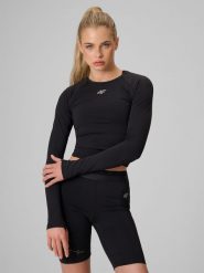 4F Longsleeve treningowy slim szybkoschnący damski - czarny S. Czarne koszulki sportowe damskie 4f, s, bez wzorów, bez kołnierzyka, bez ramiączek, na fitness i siłownię. Za 149.99 zł.