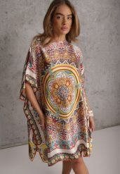 Beżowe Satynowe Ponczo z Jedwabiem i Wiskozą w Stylu Boho Prixeis. Brązowe swetry damskie Renee, uniwersalny, bez wzorów, z jedwabiu, boho, bez kołnierzyka, bez ramiączek, bez kaptura. Za 59.99 zł.