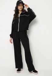 Czarny Komplet Dresowy z Wiskozą w Stylu Retro Bluza i Szerokie Spodnie Lavriz. Czarne bluzy damskie Born2be, bez wzorów, z dresówki, bez kaptura. Za 179.99 zł.