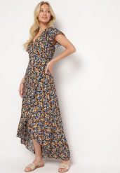 Czarno-Niebieska Bawełniana Sukienka w Kwitowy Wzór Wiązana w Talii z Kopertowym Dekoltem Risallin. Czarne sukienki damskie Born2be, na co dzień, na lato, l, bez wzorów, z bawełny, eleganckie, bez kołnierzyka, bez ramiączek, maxi, dopasowane. Za 49.99 zł.