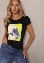 Czarny T-shirt z Bawełny Zdobiony Nadrukiem Aizana. Czarne bluzki damskie Renee, l, z aplikacjami, z bawełny, casualowe, bez kołnierzyka, bez ramiączek. Za 34.99 zł.