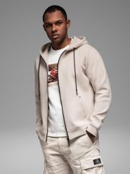 Dresowa rozpinana bluza hoodie w stylu streetwearowym – piaskowa V6 - Rozmiar: L. Bluzy męskie Ombre Clothing, l, bez wzorów, z bawełny, bez kaptura. Za 269.99 zł.