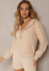 Jasnobeżowa Casualowa Bluza z Ozdobnym Przeszyciem i Kapturem Siraca. Brązowe bluzy damskie Renee, l, bez wzorów. Za 59.99 zł.
