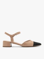 Beżowo-czarne czółenka z otwartą piętą. Brązowe czółenka damskie Ryłko, bez wzorów, ze skóry, z otwartym noskiem, bez obcasa, na obcasie, bez zapięcia. Za 379.99 zł.