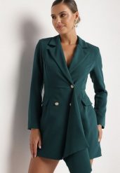 Ciemnozielona Taliowana Sukienka o Kroju Marynarki z Mini Trenem Besista. Zielone sukienki damskie Born2be, m, z aplikacjami, eleganckie. Za 159.99 zł.