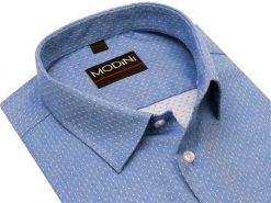 Niebieska koszula męska Modini w białe kropki DD16. Białe koszule męskie Modini Moda Męska, m, bez wzorów, z bawełny, casualowe, bez kołnierzyka, bez ramiączek. W wyprzedaży za 179.10 zł.