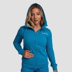 Bluza damska fitness z kapturem akwamarynowa Limitless Zip Up. Niebieskie bluzy damskie GYMBEAM, s, bez wzorów, z bawełny, z kapturem, na fitness i siłownię. Za 127.90 zł.
