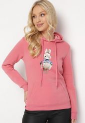 Różowa Bluza z Kapturem i Nadrukiem Diames. Czerwone bluzy damskie Born2be, l, bez wzorów, z polaru, z kapturem. Za 84.99 zł.
