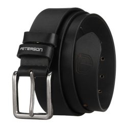 Skórzany, czarny pasek męski z tradycyjną klamrą - Peterson. Czarne paski damskie Peterson, bez wzorów, z jeansu, klasyczne. Za 59.99 zł.