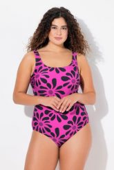 Damskie Kostium kąpielowy kwiaty bez miękkich miseczek okrągły dekolt. Fioletowe kostiumy jednoczęściowe damskie Ulla Popken, plus size, bez wzorów, z elastanu, sportowe, plus size, do pływania. Za 199.99 zł.