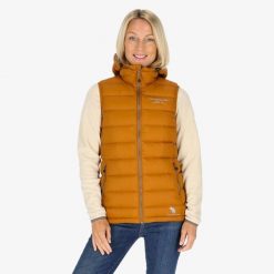 Kamizelka turystyczna damska Swedemount Östersund Down Vest wodoodporna. Brązowe kurtki damskie SWEDEMOUNT, bez wzorów, z puchu, bez kaptura. Za 399.99 zł.