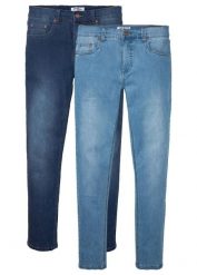 Dżinsy z wysoką domieszką stretchu ze zwężaną nogawką, slim fit (2 szt.). Niebieskie jeansy męskie bonprix. Za 299.99 zł.