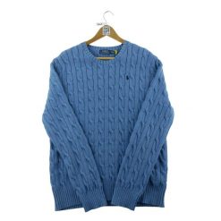Second life - Sweter męski z plecioną dzianiną 100% coton - Jak nowy. Niebieskie swetry przez głowę męskie Ralph Lauren, m, bez wzorów, z bawełny, bez kołnierzyka. Za 234.96 zł.