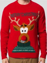 Sweter świąteczny - czerwony. Czerwone swetry przez głowę męskie Sinsay, l, bez wzorów, bez kołnierzyka. Za 59.99 zł.