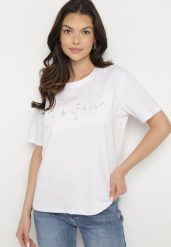 Biały T-shirt z Bawełny o Kroju Oversize z Haftem i Cekinami Uliowena. Białe bluzki damskie Born2be, m, bez wzorów, z bawełny, bez kołnierzyka. Za 34.99 zł.
