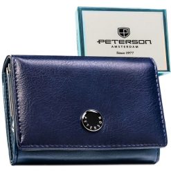 Poziomy portfel damski ze skóry naturalnej i ekologicznej w granatowym kolorze z systemem RFID - Peterson. Portfele damskie Peterson, bez wzorów, ze skóry ekologicznej. Za 109.99 zł.